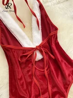 SINGREINY noël Cosplay vêtements de nuit combishort profond V ouvert entrejambe gaine body femmes Sexy tentation velours dos nu barboteuses 5