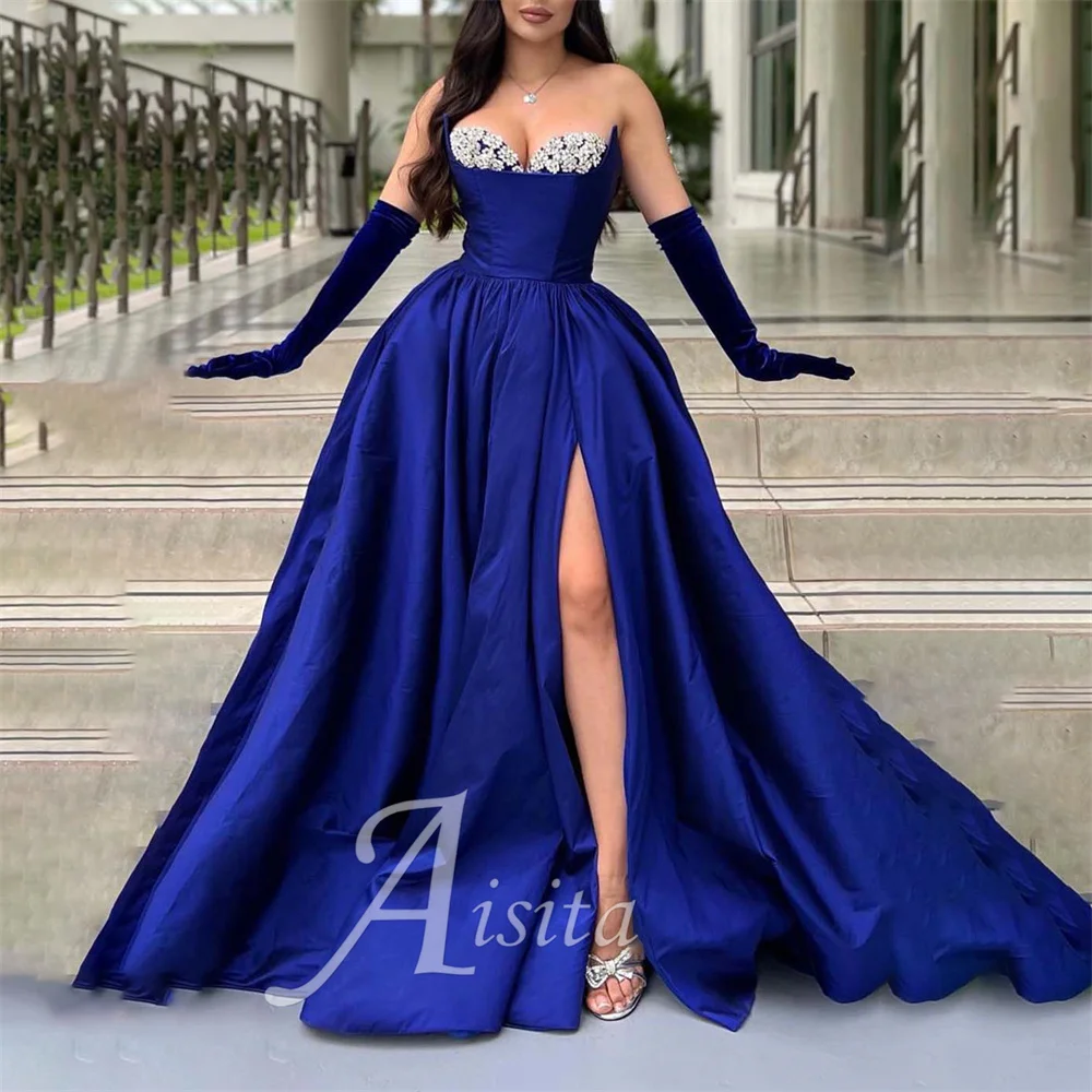 

Потрясающее Свадебное платье А-силуэта, королевское длинное вышитое бисером платье без бретелек для выпускного вечера с Боковым Разрезом, вечерние платья