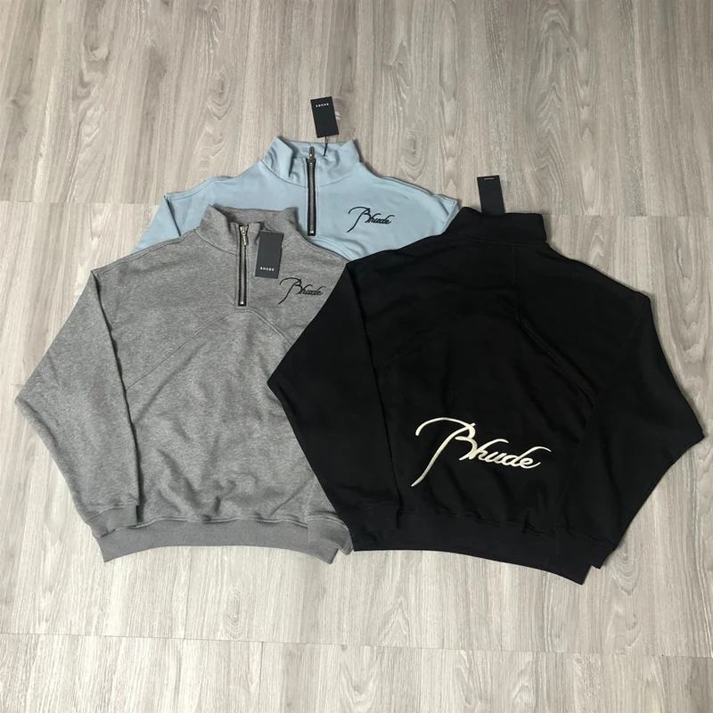 

Half Bullet Zipper Embroidery Logo RHUDE Hoodies Vintage Loose Oversize Casual Sweatshirts Cotton Men’s Clothing for Men