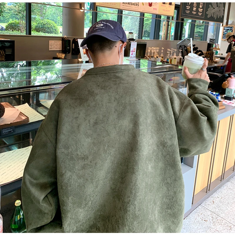 

Long Sleeve Suede Hoody Man Round Neck Sweatshirts Baggy Oversized Streetwear Solid Color Fashion Brand Male Pullovers Harajuku