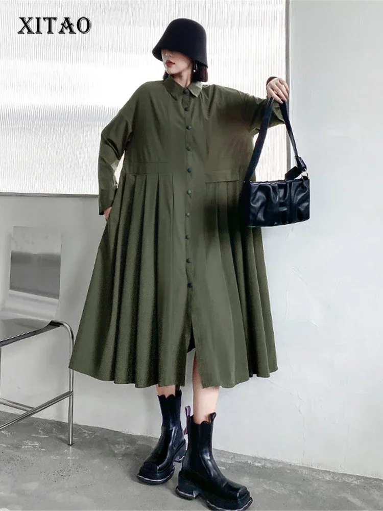 

XITAO Single Breast Dress Solid Color Pleated Full Sleeve Goddess Fan Casual Style Cardigans 2024 Spring Minority Dress ZY8148
