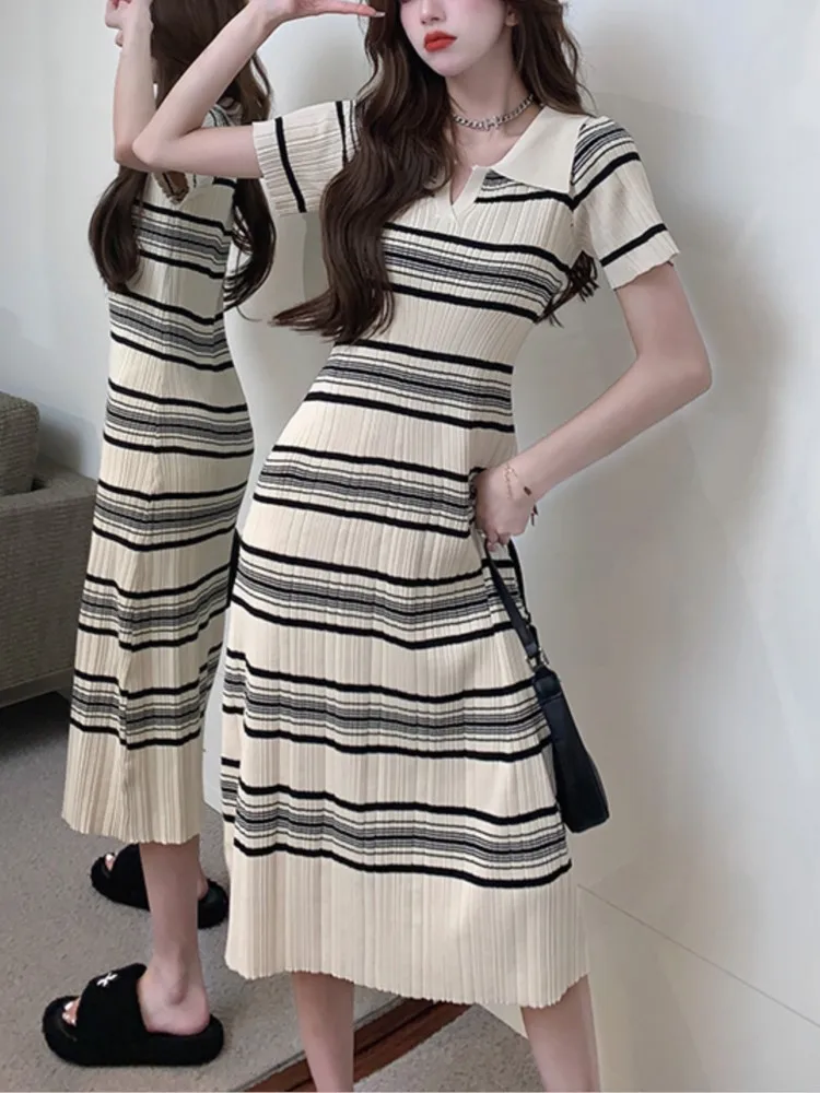 

Korean Fashion Summer Striped Knitting Dresses Vestidos Women Casual Vintage Turn Down Neck Short Sleeve Robe Femme