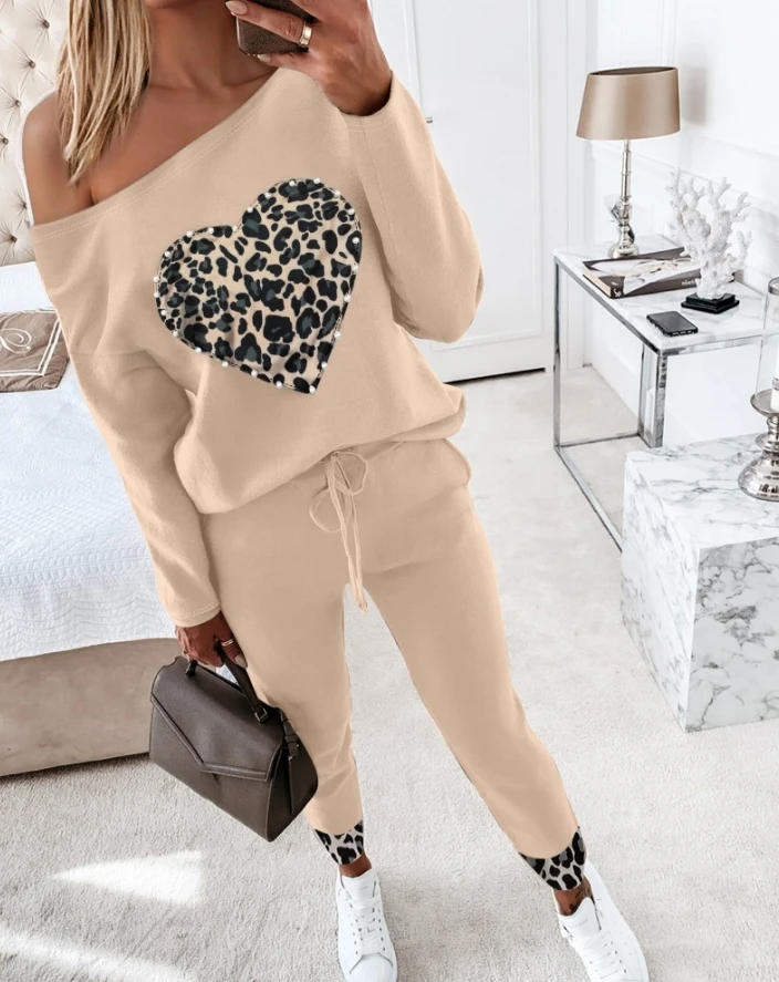 Women's Sweatants Sets 2024 Spring Latest Cheetah Heart Leopard Print Beaded Cold Shoulder Long Sleeve Top& Drawstring Pants Set