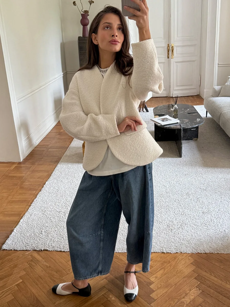 Bornladies Women's Trendy New Autumn Winter Single Breasted Jackets V - Neck Lamb Wool Jacket Warm Outer Garment Coats