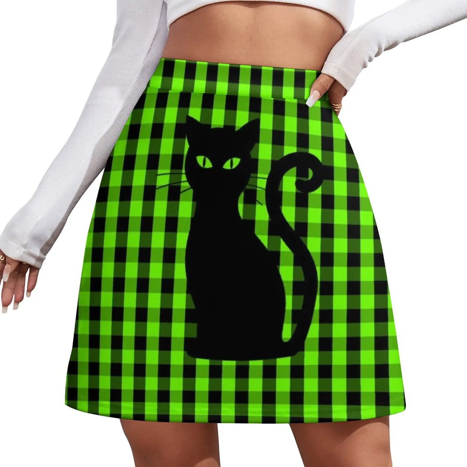 Black Cat on Luminous Green and Black Gingham Check Mini Skirt Skirt for girls Short skirt woman children s cow print bucket hat reversible panda print panama bucket hat bob chapeau femme black and white check bucket hat