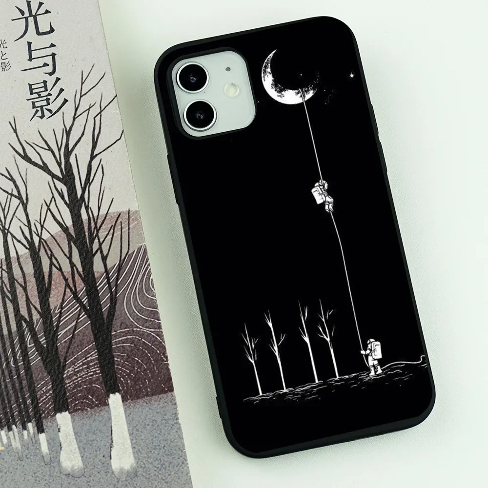 Moon Astronaut Cartoon Black Soft Silicone Phone Case Cover