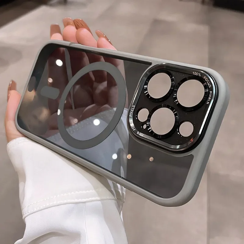 Luxury Magnetic Metal Lens Bumper Protection Case with Magsafe Acrylic Translucent Cover