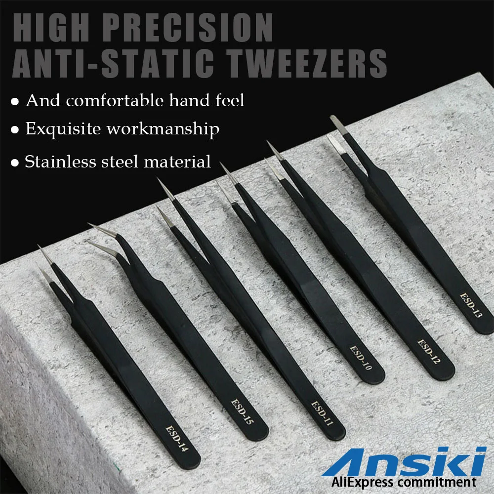 ESD Precision Tweezers Stainless Steel Precision Maintenance Industrial Repair Curved Tool Home Working Model Making Hand Tool