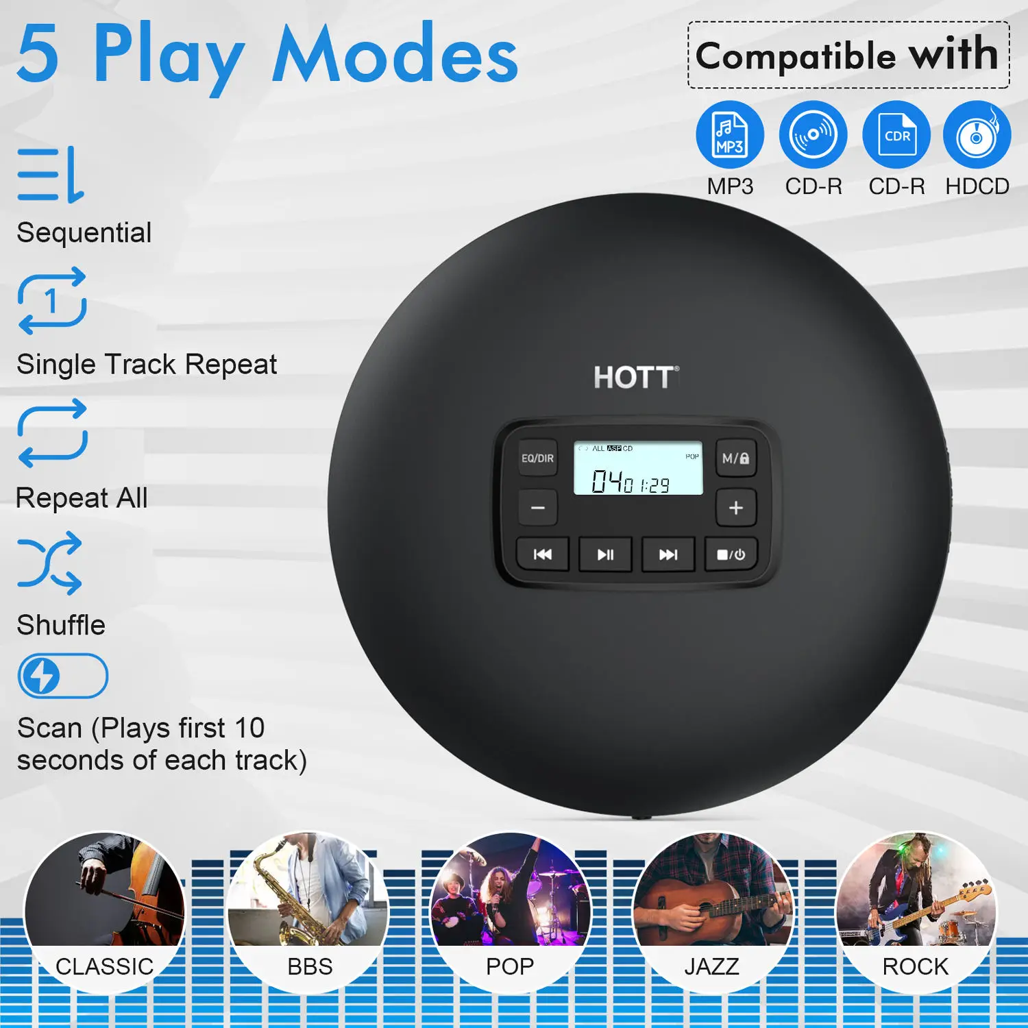 HOTT CD204 Portable CD Player for Home Travel and Car with Stereo Earphones and Anti Shock Protection portable cd player
