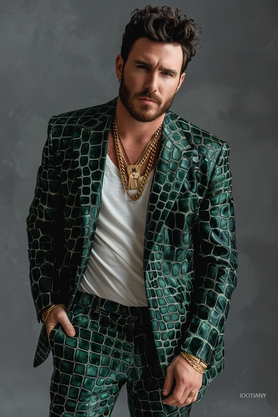 Fashion American Slim Men's Suit Men's Leopard Print Suit Casual Party Crocodile Jacket Coat Bar Wedding Performance Set