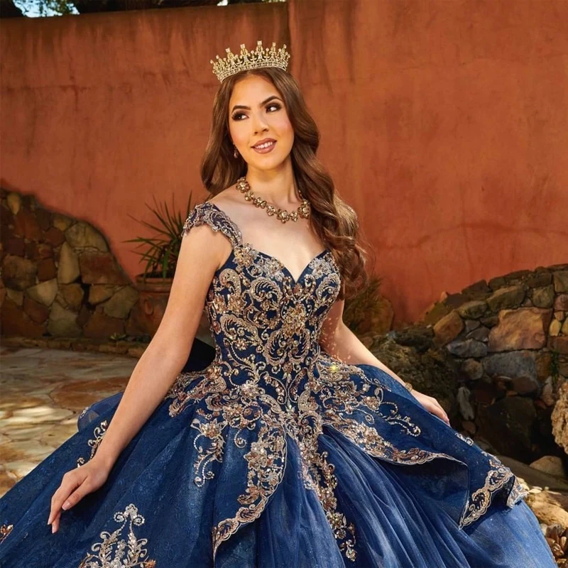 EVLAST Quinceanera Dress Cap Sleeve Flower Applique Gold Lace Crystal Formal Princess Gown Vestido De 15 A&ntilde;os TQD021