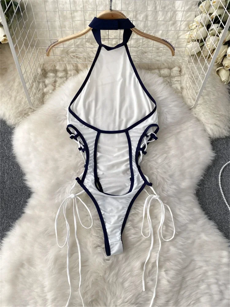 Halter Neck Backless Playsuit Sexy Slim Fit Lace Up Bodysuit Women's Erotic Lingerie Sleeveless Pajamas Club Nightwear Pajamas