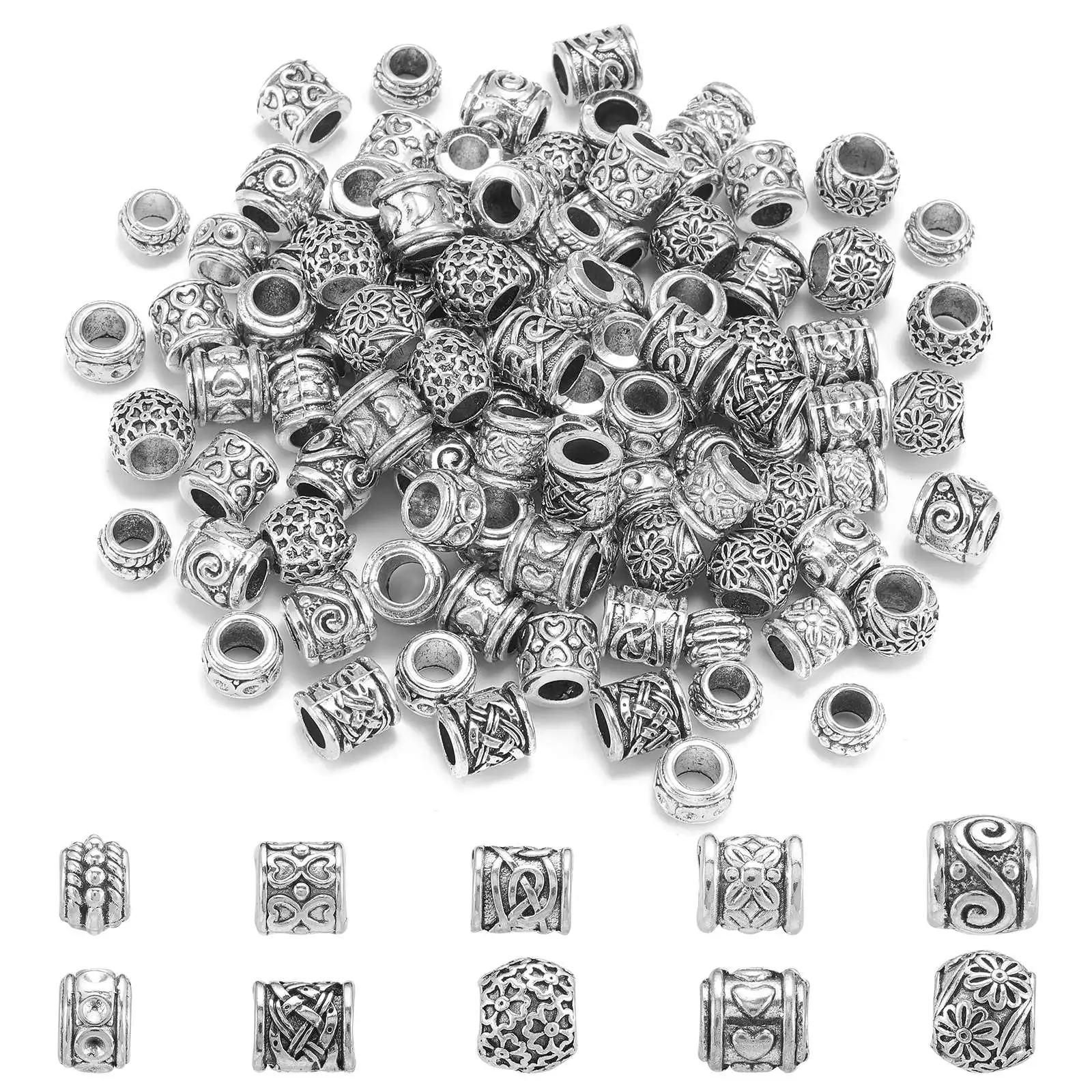 Pandahall 100Pcs 10 Styles Antique Silver European Large Hole Beads Tibetan Totem Spacer Beads for Bracelets Jewelry Making DIY