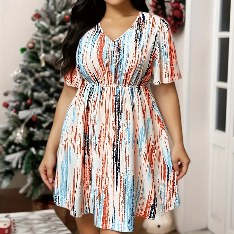Plus Size Dress, Printed V-Neck Short-Sleeved Loose Fit, Elastic Waist, Casual Style Dress.  1X-5X - view