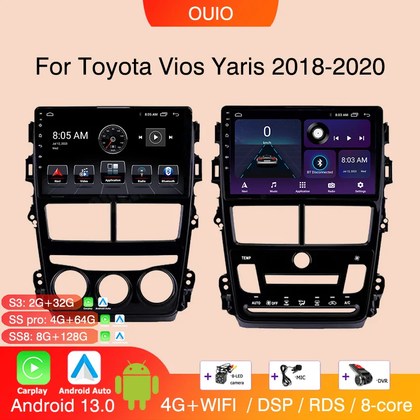 

2DIN Android 13 radio For Toyota Vios Yaris Ativ 2018 2019 2020 Car stereo Multimedia Player Carplay Auto GPS Navi DSP NO DVD
