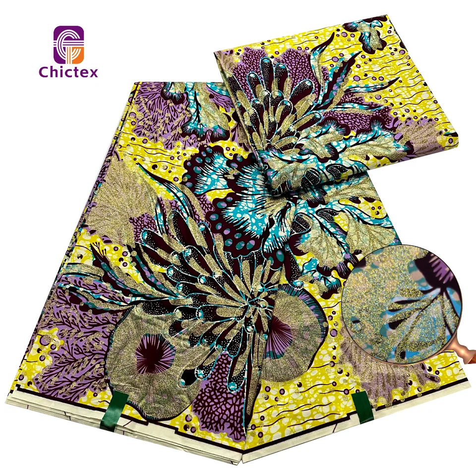 African Ankara Wax 6 Yards 100% Cotton Grand Super Glitter Wax Print Fabrics For Garment