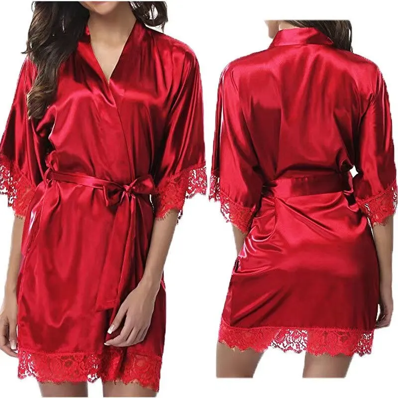 

Women Ice Silk Pajamas Robes Sleepwear Nightgowns Nightdress Red Black L XL Lace Smooth Soft Comfortable Casual Pure Color халат