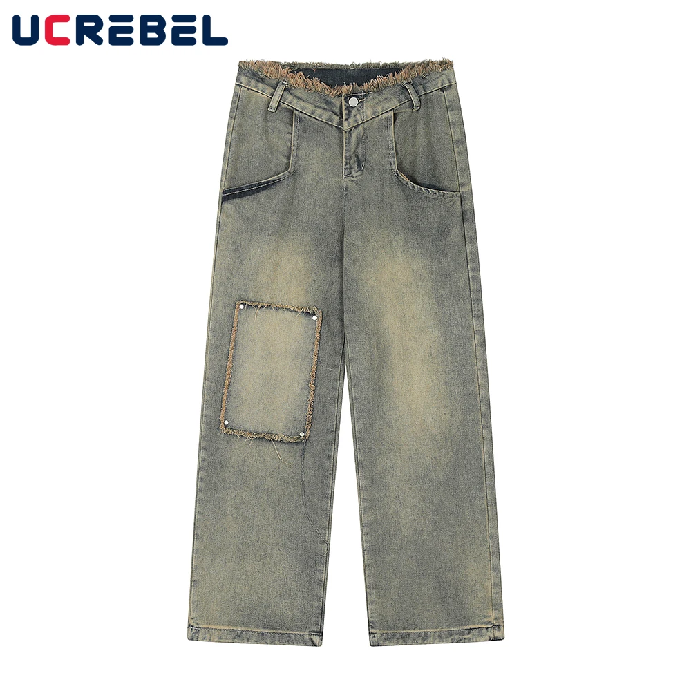 

Hip Hop Raw Edge Patch Wide Leg Jeans Mens Washed Mud Yellow Streetwear Loose Straight-leg Pants Men