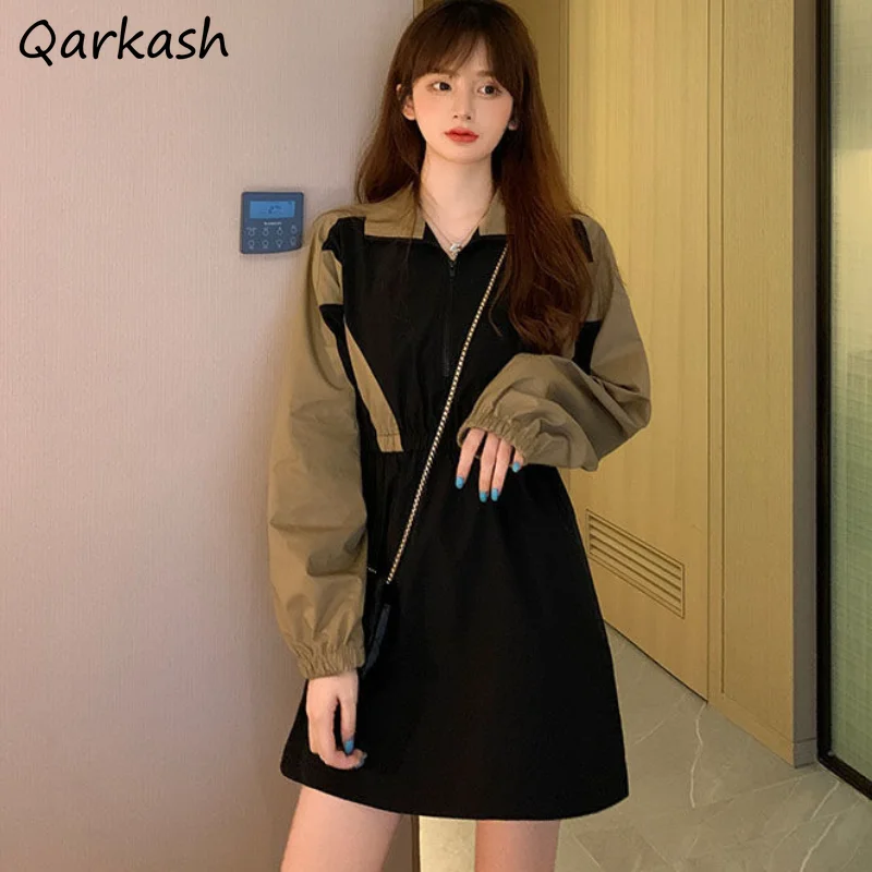 

Long Sleeve Dress Women Autumn High Waist Patchwork Design Panelled Korean Style Chic Mini Cargo Платье Женское Casual Simple