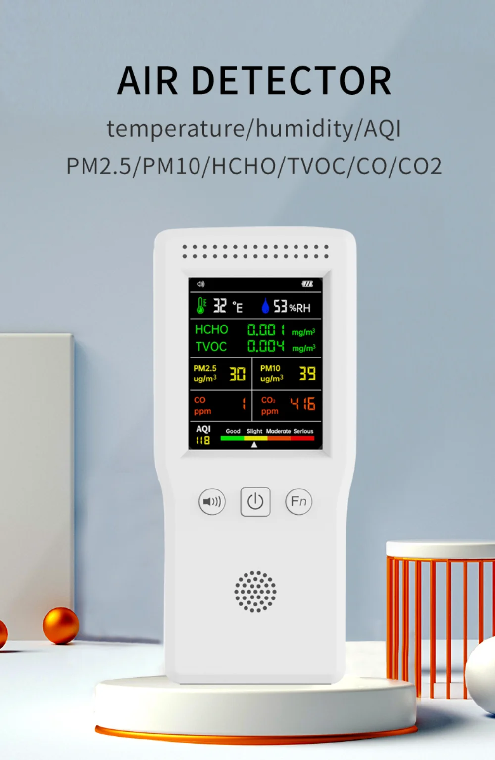 The indoor air quality detector, also known as the TVOC and carbon dioxide detector, is sitting on top of a table.