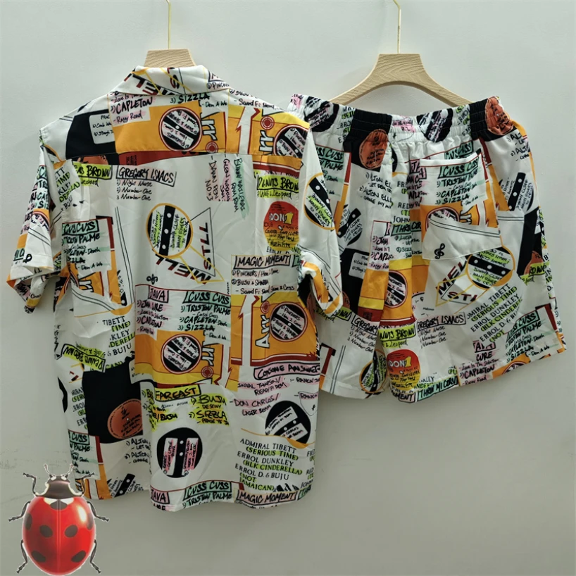Yellow Y2k Poster Pattern Letter Print Short Shirts Shortpant Set Men Women High Quality Hawaii Beach Surf Suit