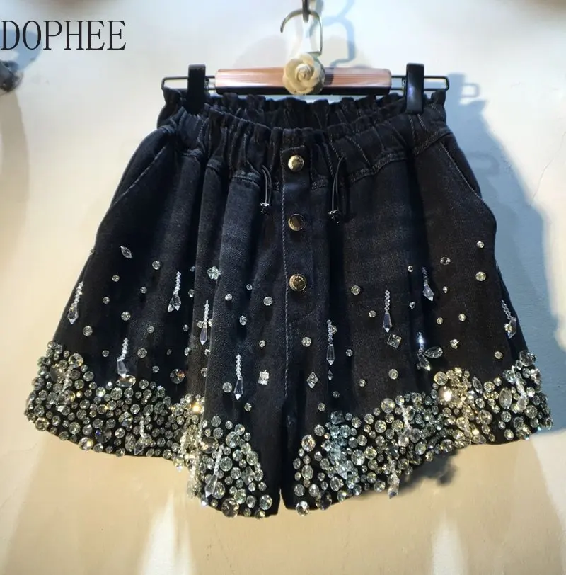 Europe 2023 New Sumemr Women Denim Shorts Luxury Rhinestone Tassel All-match High Waist Wide Leg Pants Loose Black Short Jeans