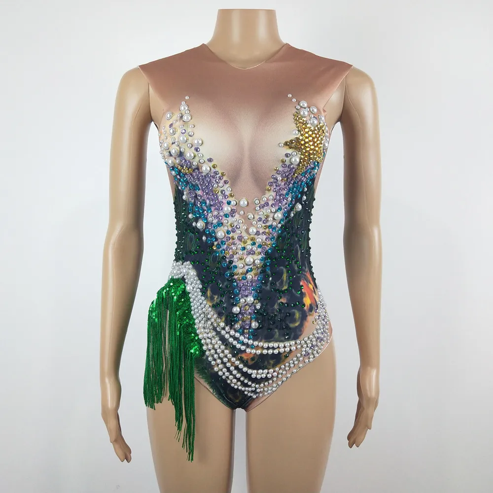 

Sexy Latin Pole Dance Pearl Sequins Fringe Leotard Rhinestones Tassel Bodysuit Women DJ Dancer Stage Wear Nightclub Bar Costume