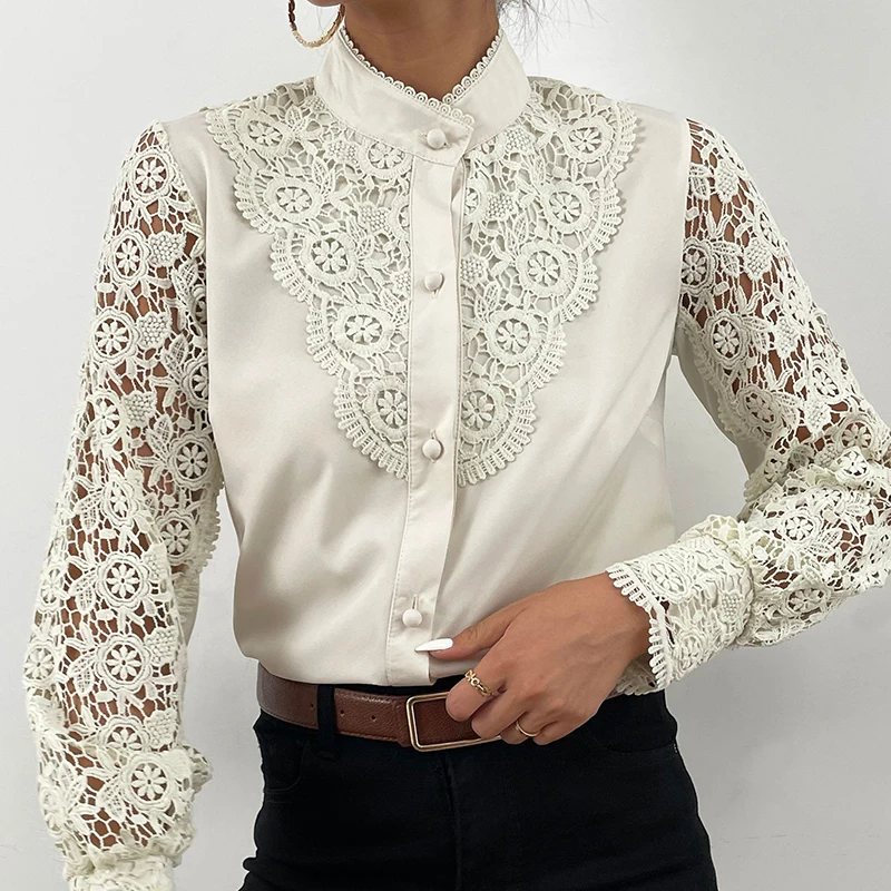 Women Elegant Embroidery Lace Blouse Shirt 2021 Spring