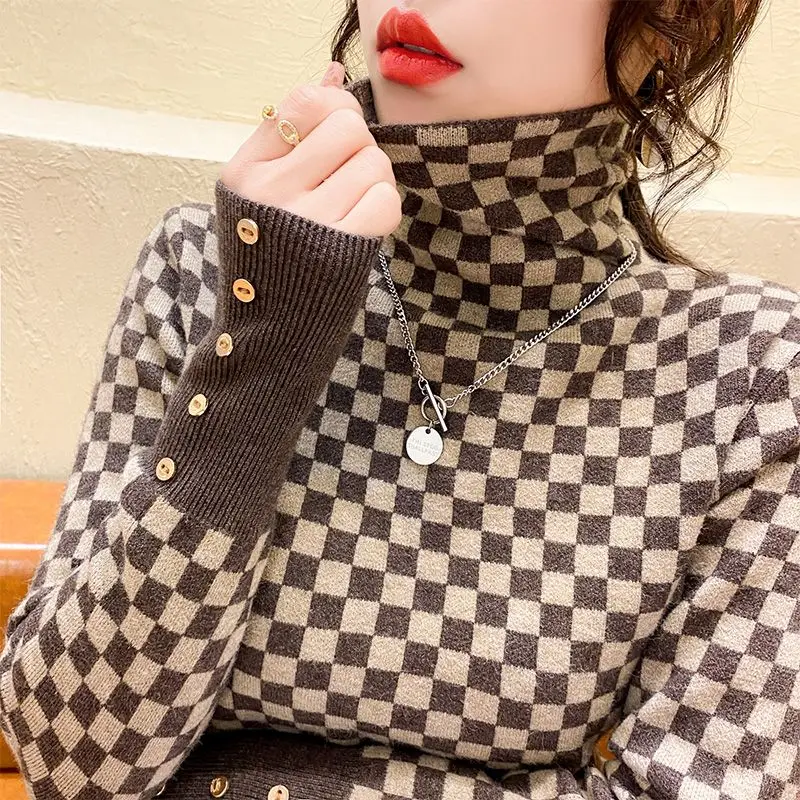 

Autumn and Winter Women's High Neck Long Sleeve Slim Knitted Plaid Sweaters Jumpers Button Fashion Casual Office Lady Tops