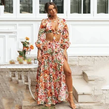 

Ardm Elegant V Neck Floral Print High Waist Lace Up Crop Top Two Piece Sets Womens Outifits Long Sleeve Holiday Party Skirt Set