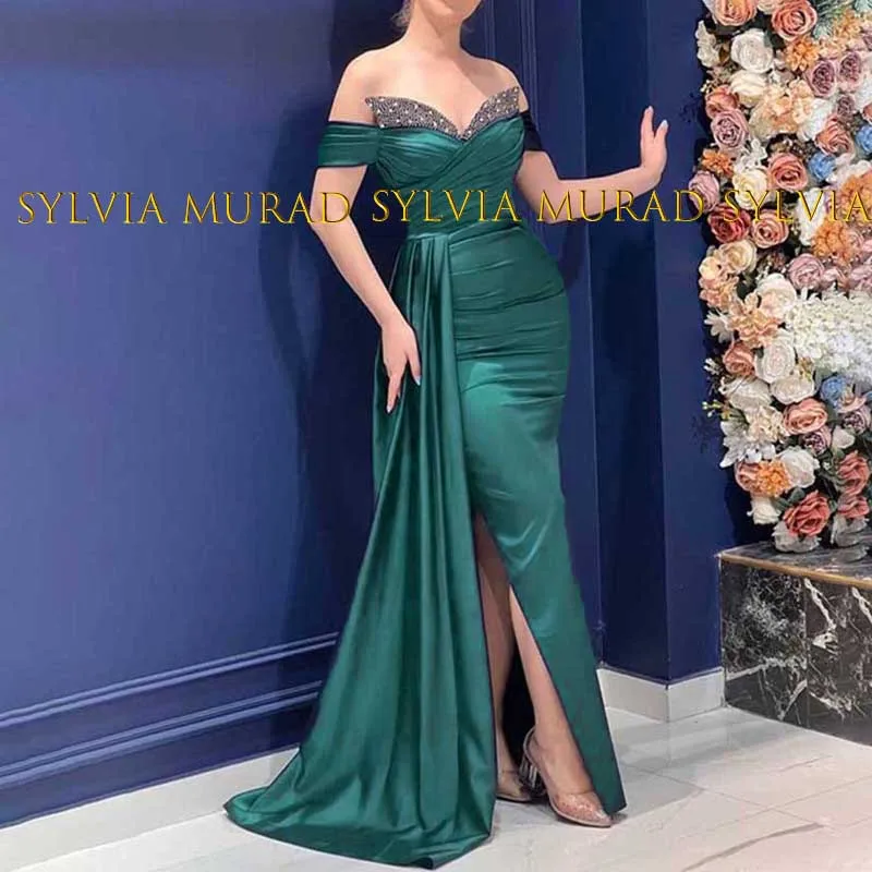 

Emerald Green Mermaid Evening Dress With Beads Off Shoulder Side Split Streamer Long Sheath Dresses Formal Gown