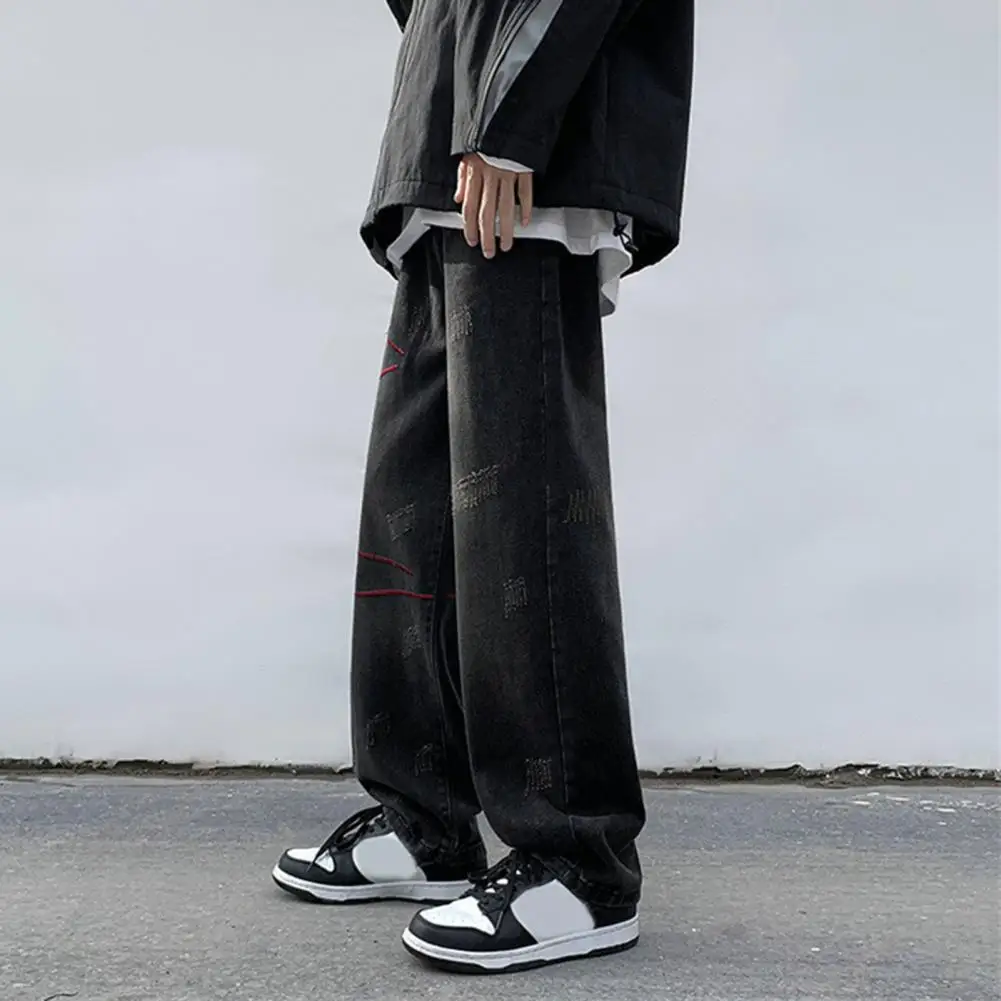 

Pants Wide Leg Men's Jeans with Deep Crotch Ripped Stripes Streetwear Pockets Stylish Denim Trousers for Spring Fall Men Long