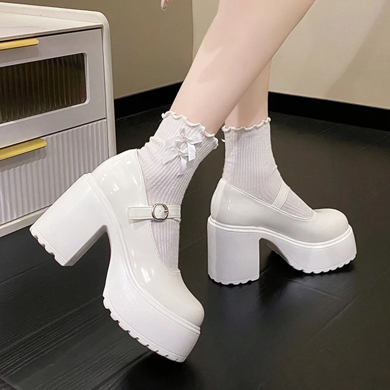 Fashion White Platform Pumps For Women Super High Heels Buckle Strap
