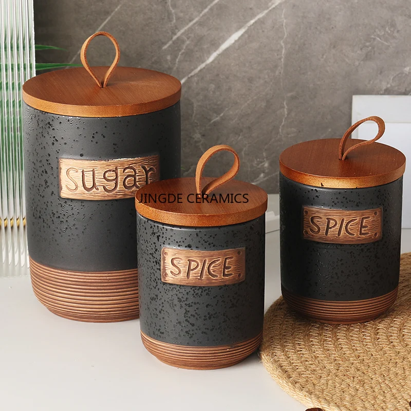 Tarro de cerámica hermético (1 unidad) para guardar azúcar, café o condimentos. Tarro de madera para guardar dulces o caramelos. - Image 4