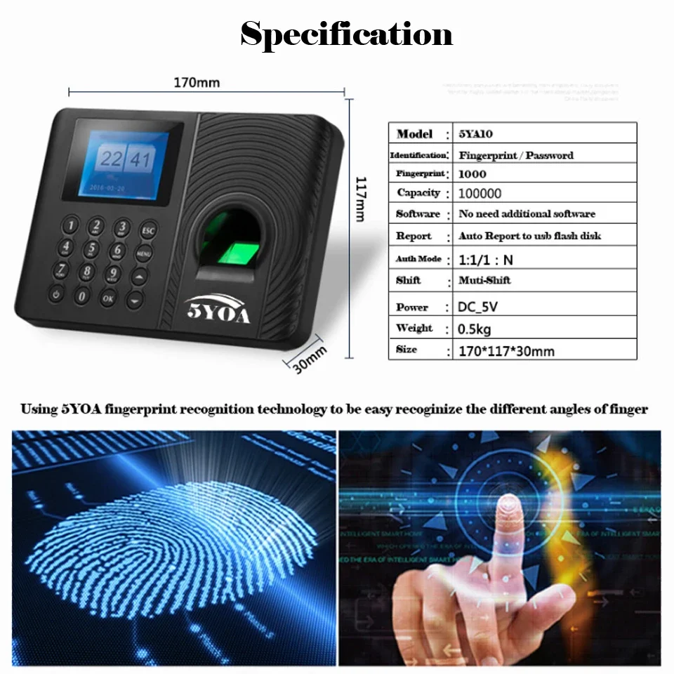 5YOA A10FY biometric attendance system fingerprint usb time clock English Spanish Portuguese recorder sensor machine reader