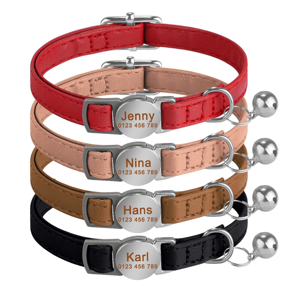 Personalized Engraved Cat Collar Leather Safety Breakaway Collars Adjustable Custom Kitten Necklace With Bell Anti-lost Pet Cats 2