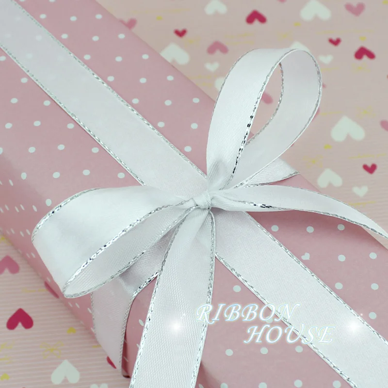 (25 Yards/roll) White Silver Edge Satin Ribbon Home Decoration Wholesale Gift Handmade DIY Christmas Ribbons (6/10/25mm)