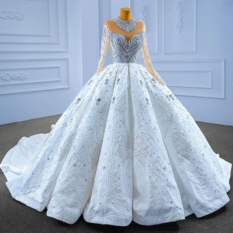 Luxury Wedding Dress For Bride Long Sleeve Ball Gown Crystal Stones
