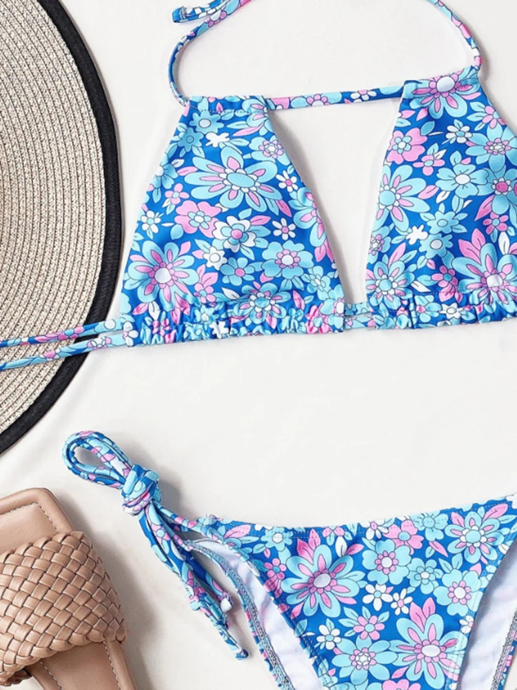 FASKOB Adjustable Neckline Flower Print Swimwear Push Up Two Piece Swimsuit Women Summer Beach Bathing Suit