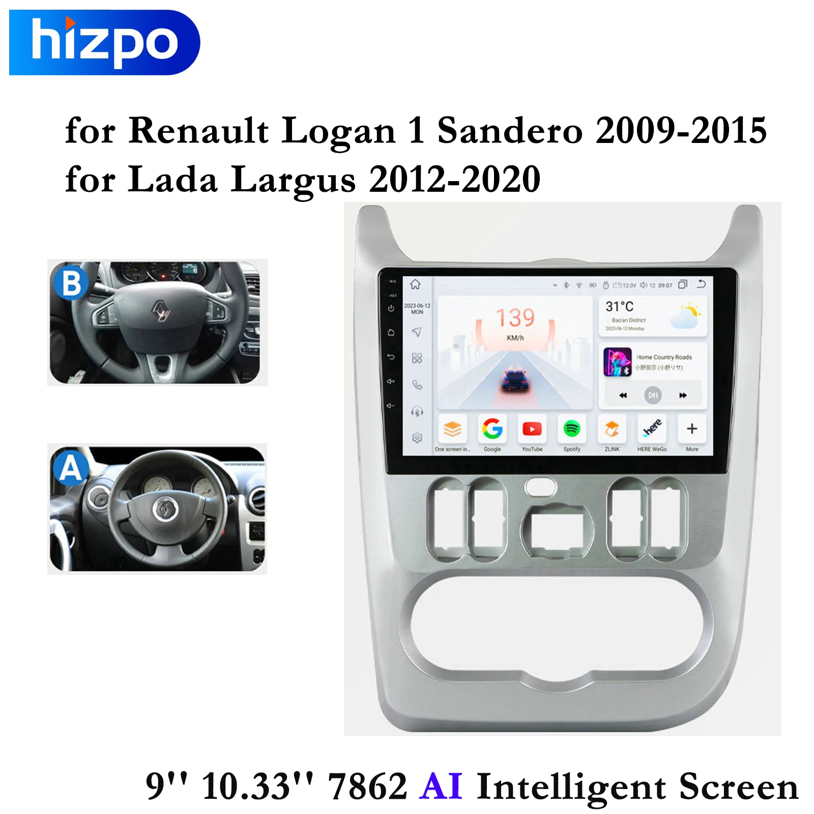 Android 13 Autoradio 9 Inch Voor Renault Logan 1 / Sandero 2009-2015 & Dacia Duster 2010-2017 - 2+64GB Met CarPlay & Android Auto
