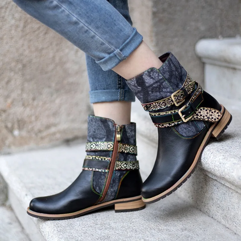 

Women Boots Fashion Ankle Boots Sewing ZIP Genuine leather Leather stitching British Style Women Shoes black Modern Boots