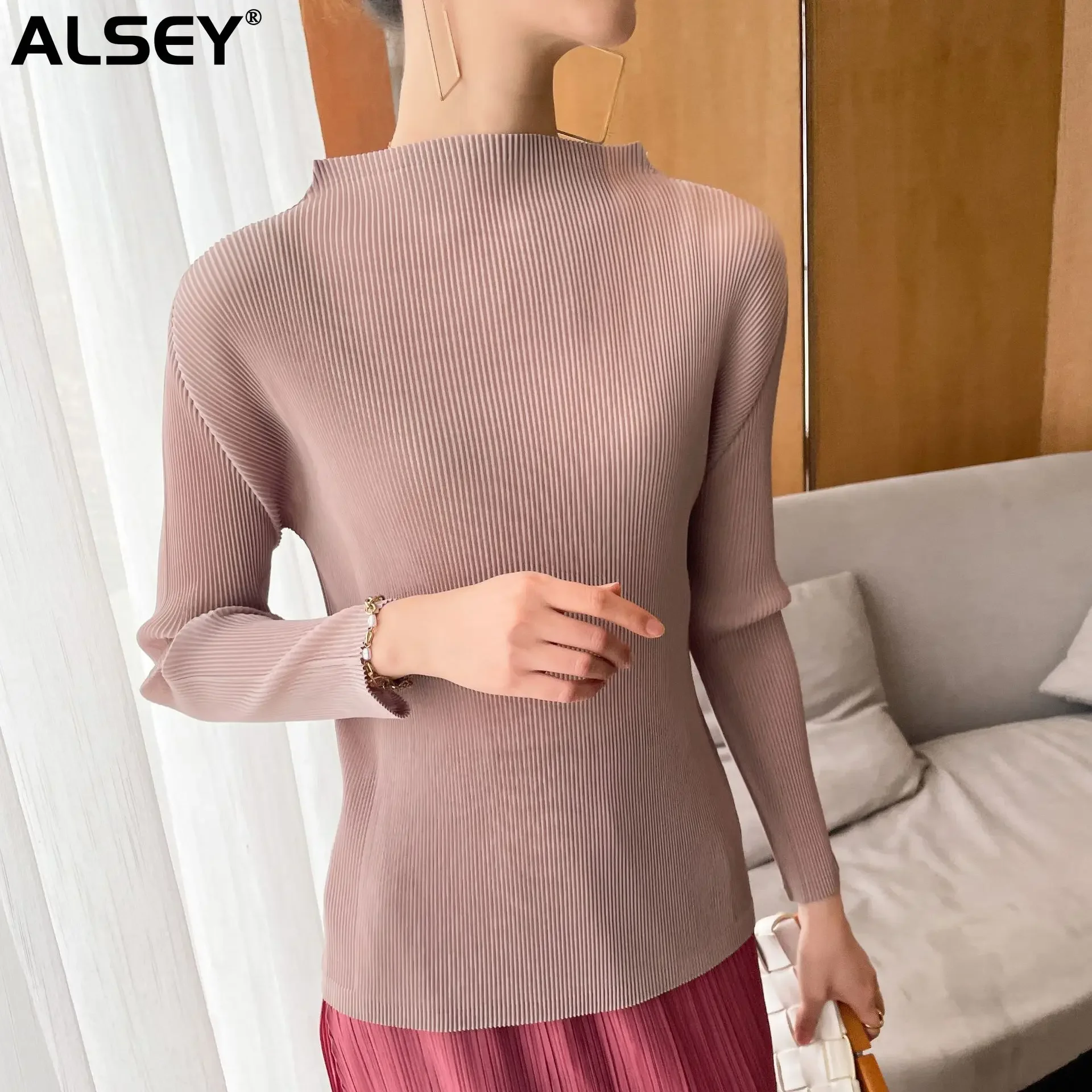 

Плиссированная футболка ALSEY Miyake с длинным рукавом, новинка весны и осени, облегающая простая яркая блузка