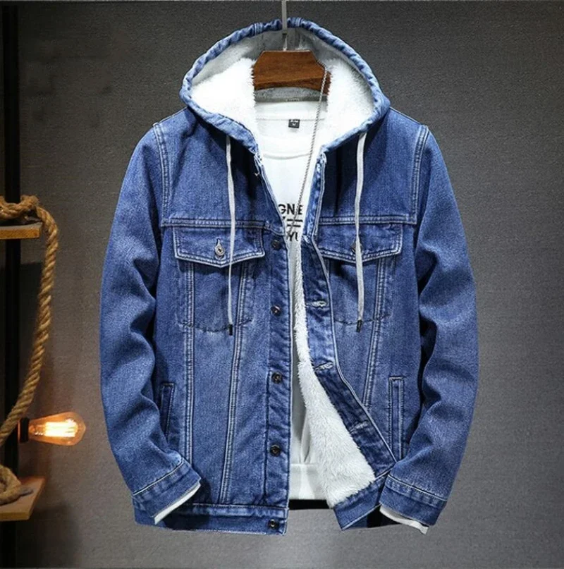 

2023 New Thicker And Warmer Men's Hooded Denim Jacket Winter Lambswool Hooded And Padded Denim Jacket Size M-4XL