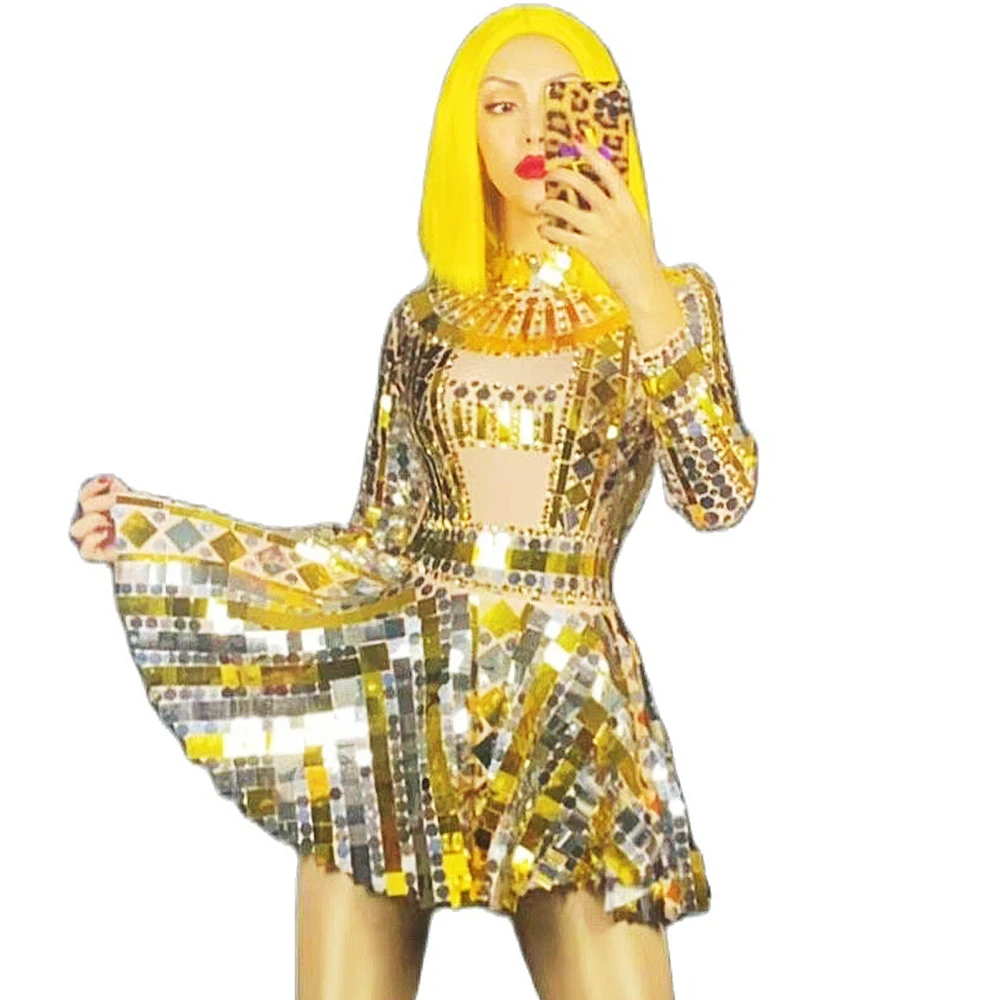 

Sexy Bodysuits Dress Gold Shining Mirror Sequins Long Sleeves For Women Nightclub DJ Cloth Prom Dance Wear Stage Singer Costume