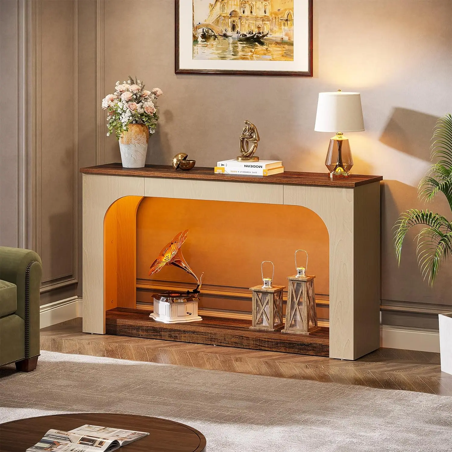 55-Inch Console Table LED Lights Farmhouse 2-Tier Narrow Sofa Storage Wood Foyer Entryway Behind Couch Table