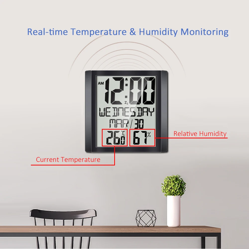 Digital Wall Clock with Temperature&Humidity Date/ Week  Alarm Clock ℃/ ℉ Thermo-hygrometer Weather Monitor for Home Office