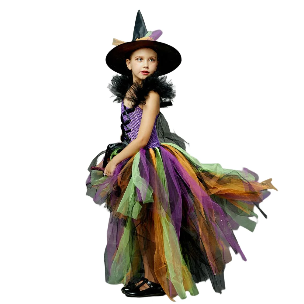 Halloween Witch Hat Costume Girls for Kids Black Devil Tutu Costume Girls Deluxe Fancy Tutu Dress with Feather Cosplay Costume