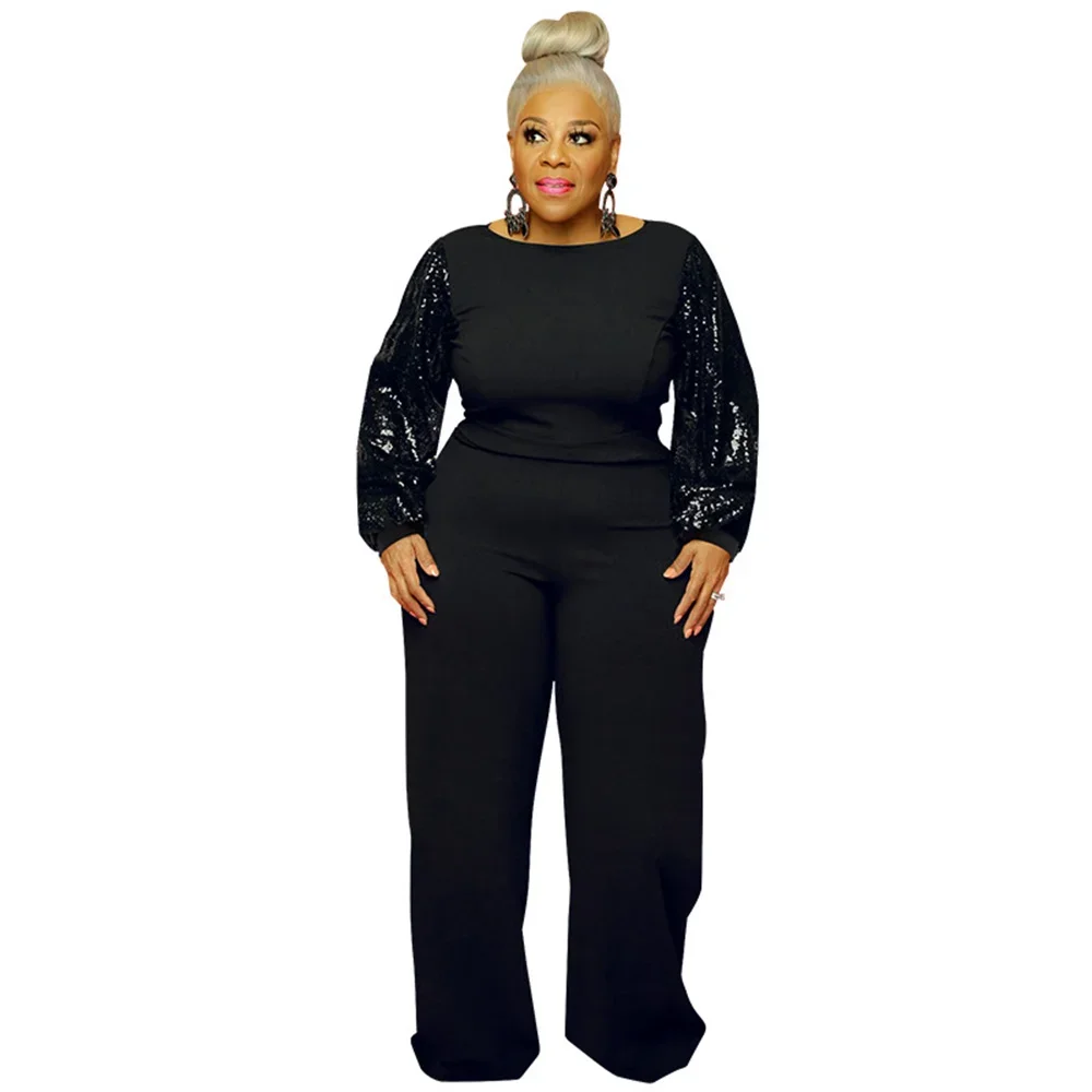 New Plus Size Jumpsuit Women Elegant Sequins Full Sleeve One Piece Outfit Solid Office Lady Romper Fall Wholesale Drop Shopping