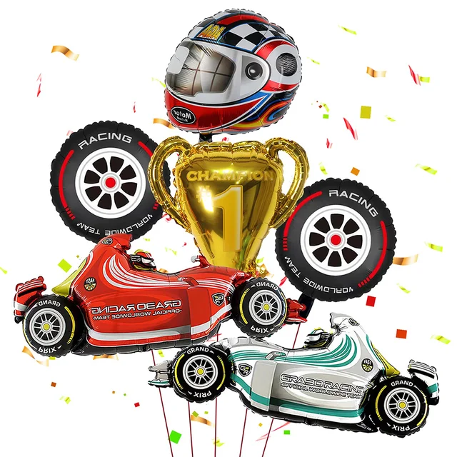 6PCS Race Cars Balloons Helmet Tire Balloon Gold Trophy Balloon Two Fast Birthday Decorations Baby Boy Birthday Shower Supplies