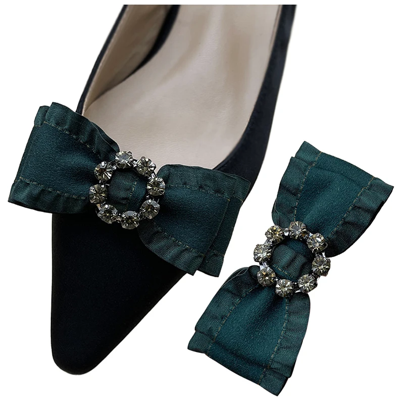 

2 Pcs Bow Shoe Clips Dark Green Skirting Band Shoe Embellishment Detachable Rhinestone Shoe Buckle for Women Pumps Flats Decor